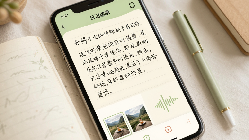 手机屏幕展示日记编辑页面,画面中有一篇打开的日记,文字区域显示手写体中文内容,下方有图片缩略图和语音波形图标,界面配色为米白色与浅绿色搭配,风格温馨自然,细节丰富,画质高清,画面干净,无多余元素