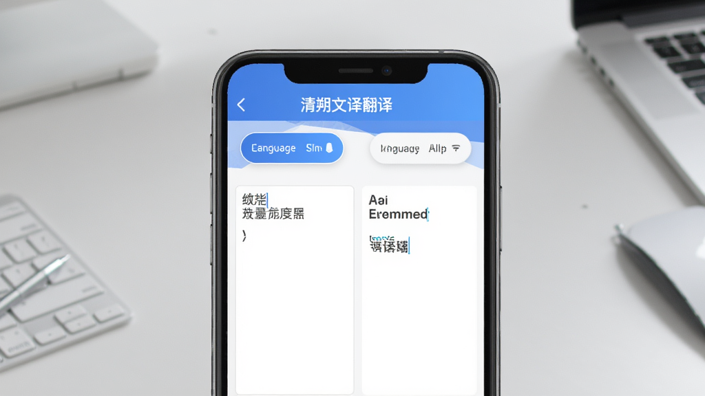 清朔文译翻译多语种翻译功能展示图,画面中央为手机屏幕,屏幕内显示“清朔文译翻译”软件界面,左侧中文输入框,右侧英文输出框,顶部有语言切换按钮,背景为浅灰色工作桌面,风格简洁商务,画质清晰,无多余装饰元素