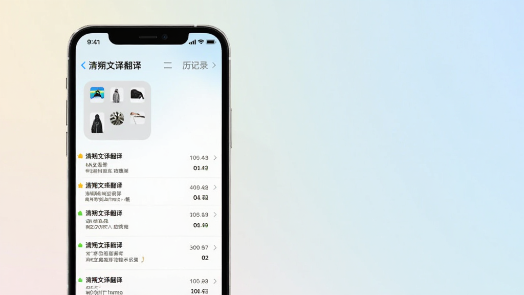 清朔文译翻译离线短语库功能示意图,画面展示手机屏幕内“清朔文译翻译”收藏夹与历史记录列表,多条翻译记录整齐排列,背景为柔和浅色渐变,风格清新简洁,画质清晰,无多余元素