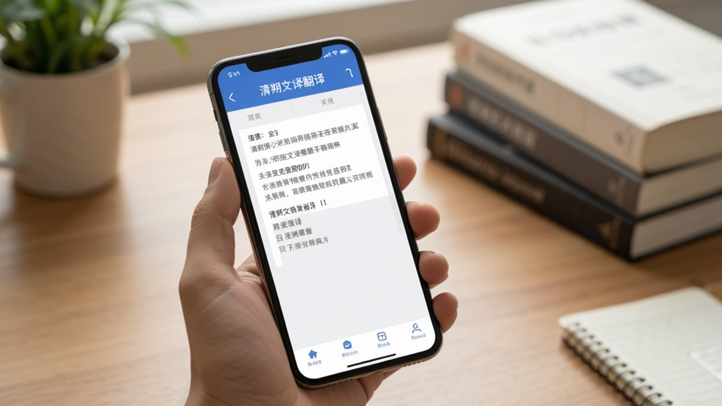 清朔文译翻译移动端使用场景图,画面展示一只手拿着手机,手机屏幕内显示“清朔文译翻译”翻译界面,背景为书桌与书籍,风格生活化,光线柔和,画质清晰,无多余元素