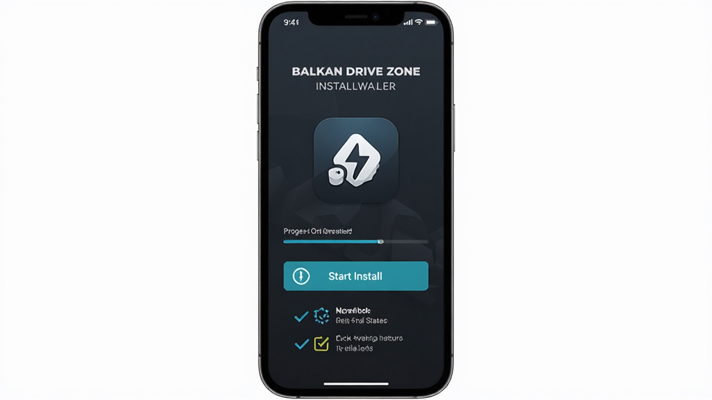 一张展示Balkan Drive Zone安装器软件界面的图片,主体为手机屏幕中显示安装器主页面,布局中央是软件图标和开始安装按钮,排版简洁清晰,风格为现代科技感,细节包含进度条和文件校验状态提示,画质高清,干净,无多余元素