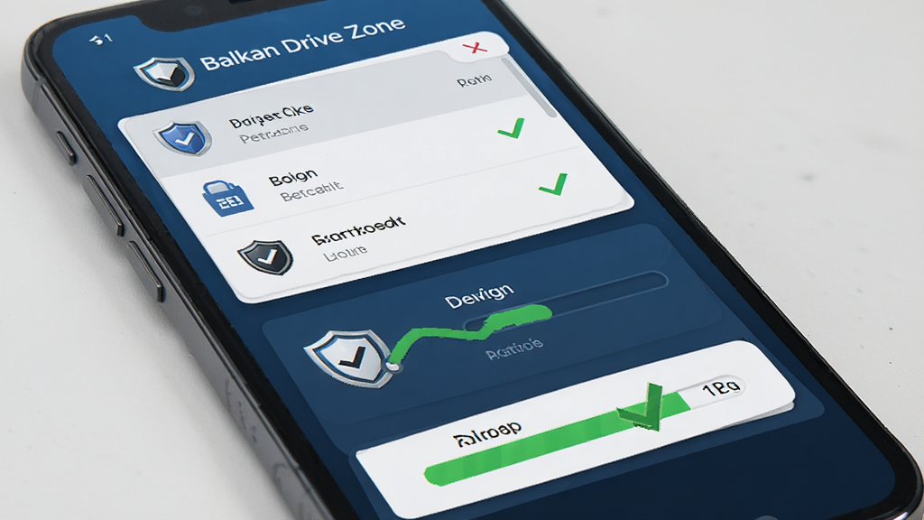 一幅展示Balkan Drive Zone安装器文件校验功能的图片,主体为手机屏幕显示校验进度和结果,布局上方为文件列表,下方为校验状态栏,排版为卡片式,风格为安全防护主题,细节包含盾牌图标和校验通过标识,画质清晰,干净,无多余元素