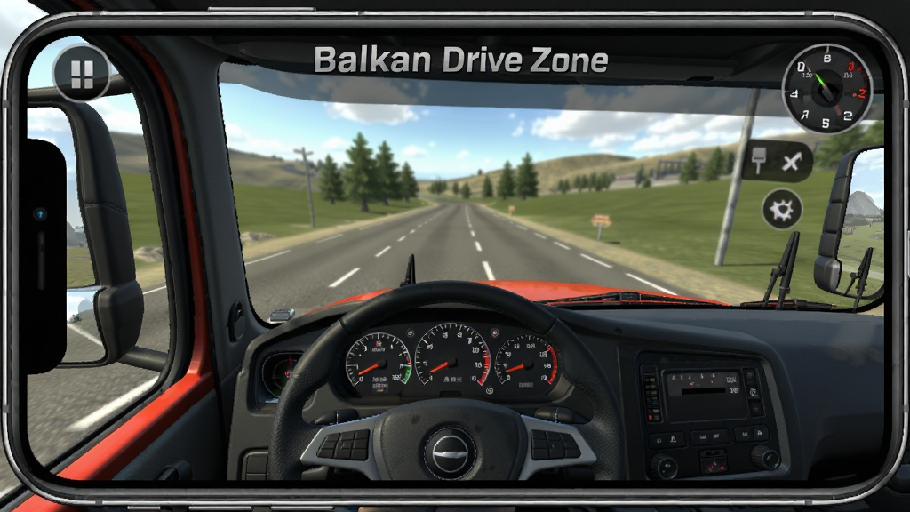 一幅展示Balkan Drive Zone安装器在手机上运行游戏画面的图片,主体为卡车驾驶视角,布局为横屏游戏界面,排版包含仪表盘和道路场景,风格为写实模拟驾驶,细节包含方向盘和沿途风景,画质高清,干净,无多余元素