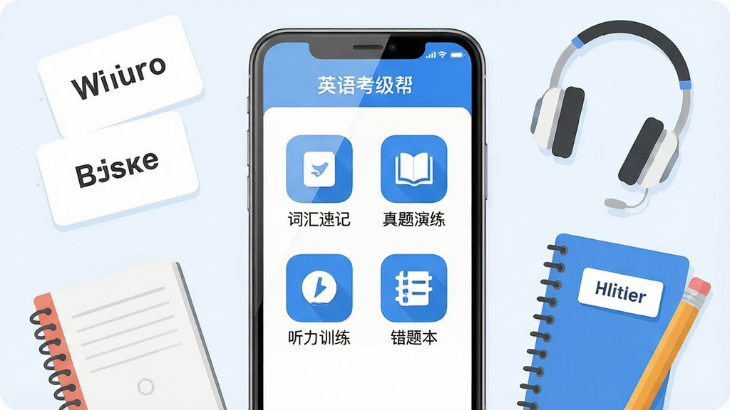 英语考级帮软件主界面全貌展示,画面中央是一部智能手机,屏幕内显示英语考级帮APP首页,首页包含词汇速记、真题演练、听力训练、错题本四个功能入口图标,图标下方有对应中文标注,手机周围环绕英语单词卡片、听力耳机、错题本、铅笔等学习元素,布局采用中心对称结构,排版简洁清晰,风格为扁平化插画风,细节上手机屏幕有轻微反光效果,图标颜色为蓝白配色,画质高清,干净,无多余元素