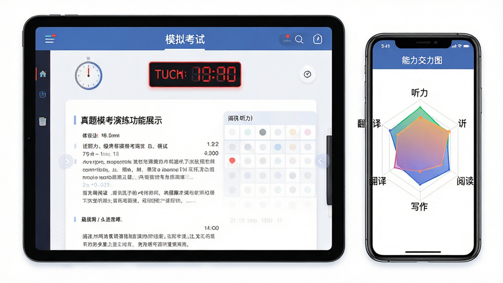 英语考级帮真题模考演练功能展示,画面为一台平板电脑和一部手机并排摆放,平板屏幕显示模拟考试进行中界面,有计时器、答题卡、试卷题目,手机屏幕显示交卷后的能力雷达图,雷达图包含听力、阅读、写作、翻译四个维度,布局采用主次结构,平板为主、手机为辅,排版清晰,风格为科技感扁平插画,细节上雷达图有渐变色填充,计时器数字为红色高亮,画质高清,干净,无多余元素