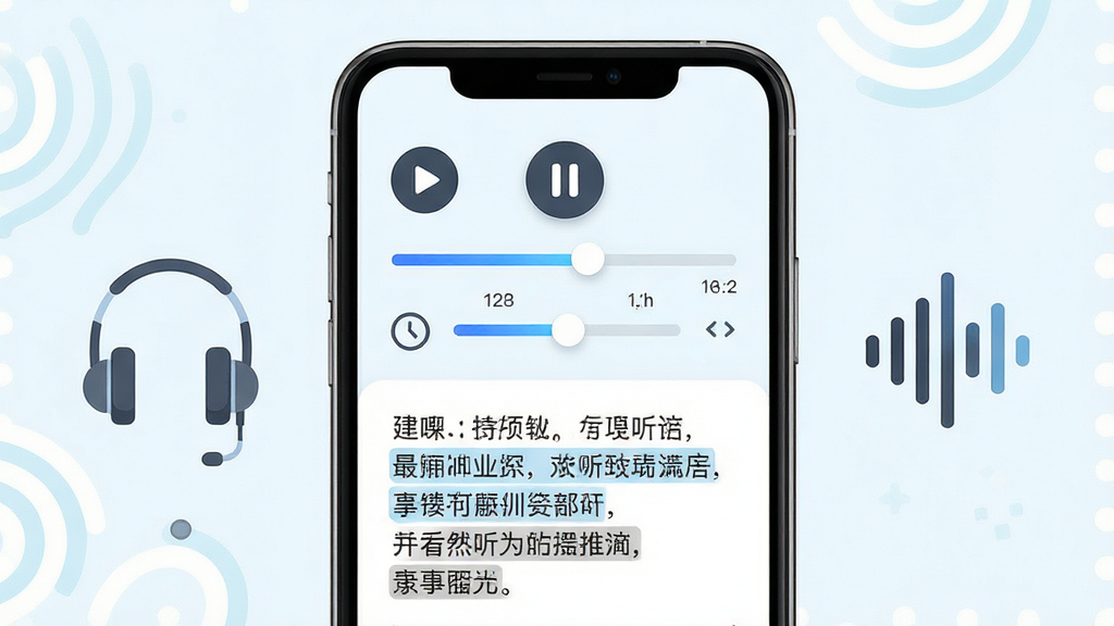 英语考级帮听力专项训练界面,画面中心为手机屏幕,屏幕内显示听力播放器,有播放暂停按钮、进度条、倍速调节滑块,下方显示听力原文与中文翻译对照,手机两侧有耳机和声波图标,布局采用上下结构,排版规整,风格为清新浅色扁平风,细节上进度条为蓝色渐变,原文文字有高亮标注,画质高清,干净,无多余元素