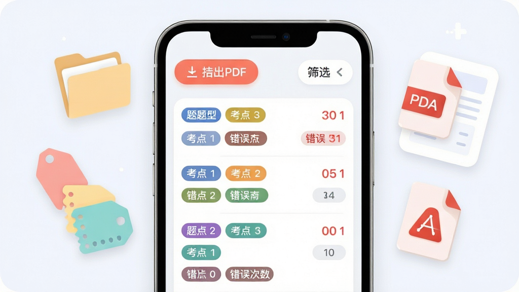 英语考级帮错题智能归档功能界面,画面为手机屏幕特写,屏幕内显示错题本列表,每道错题有题型标签、考点标签、错误次数标记,屏幕上方有导出PDF按钮和筛选按钮,手机周围漂浮着文件夹、标签、PDF文档等图标,布局采用中心聚焦,排版有序,风格为柔和圆角扁平风,细节上标签颜色各不相同,错误次数用红色数字标出,画质高清,干净,无多余元素