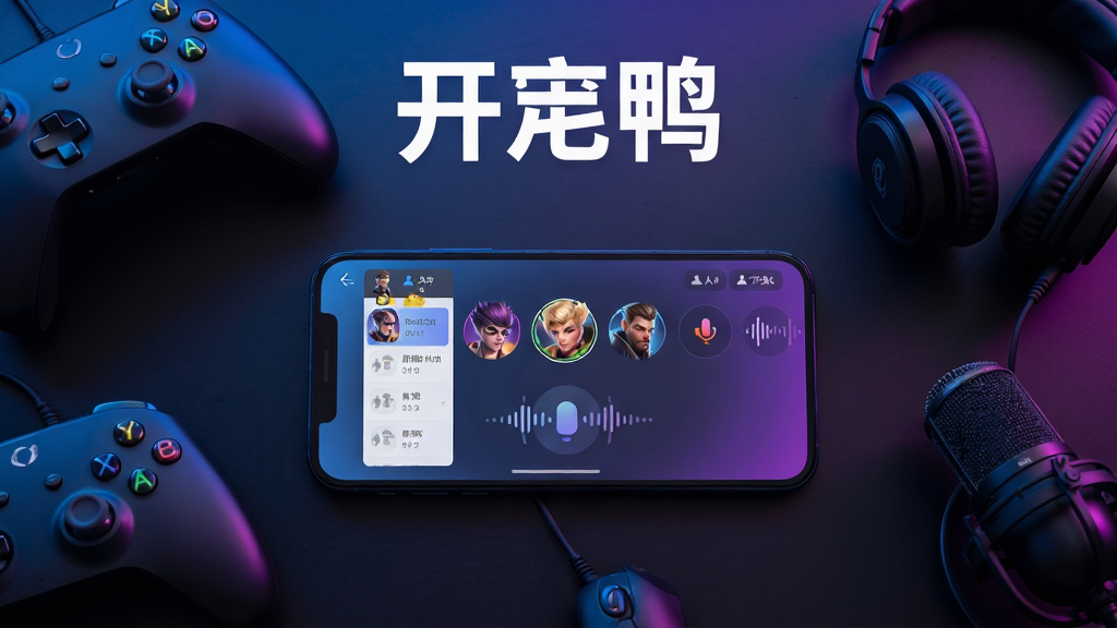 画面主体是一部智能手机屏幕中显示开黑鸭软件主界面,屏幕中央有多个游戏头像和语音波形图标;布局采用居中构图,手机放置在深色桌面中央,周围环绕游戏手柄、耳机、麦克风等元素;排版上方留白放置软件名称;风格为科技感电竞风,蓝紫色渐变光效;细节包括界面中的房间列表、语音波纹、在线人数标识清晰可见;画质高清,干净,无多余元素