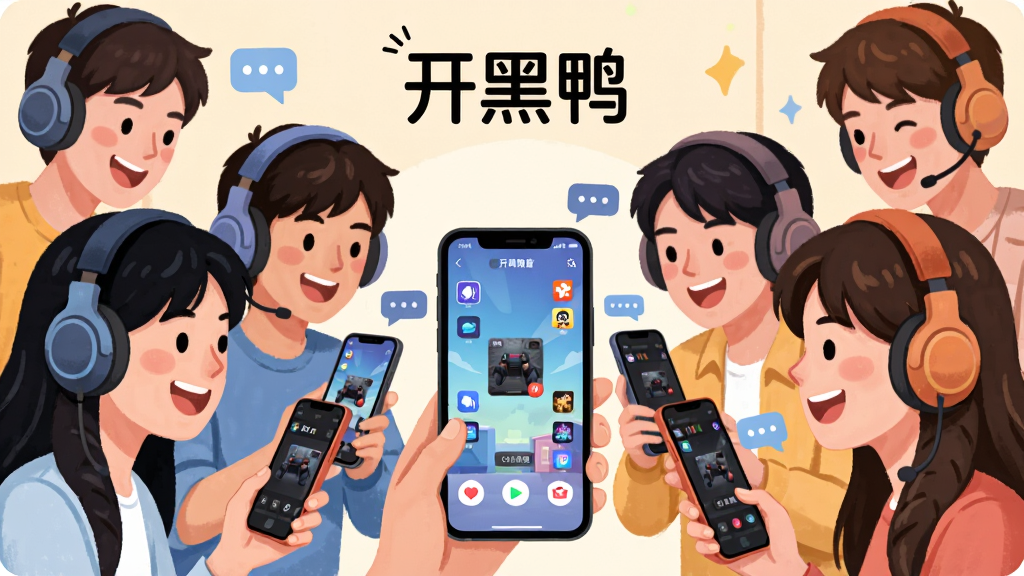 画面主体是一群年轻玩家戴着耳机对着手机微笑交流,手机屏幕显示开黑鸭语音房间界面;布局为多人环绕手机呈半圆形;排版上方居中放置开黑鸭名称;风格为明亮活泼的社交场景插画;细节包括语音气泡、游戏图标、房间号等元素;画质清晰,干净,无多余元素