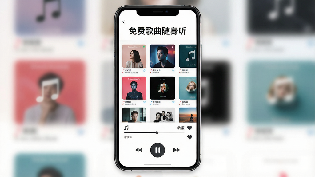 手机屏幕中央展示音乐播放界面,顶部标题文字