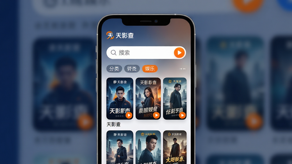 一款名为“天影查”的手机短剧查询工具界面展示,主体为手机屏幕正中央显示搜索框与短剧海报列表,布局采用上下结构,上方为品牌标识与搜索栏,下方为网格状短剧封面卡片;排版简洁清晰,风格为现代科技感与影视娱乐风结合;细节包括半透明磨砂背景、圆角卡片、播放按钮图标、分类标签;画质为高清4K,干净无多余元素,无杂乱文字,整体色调以深蓝与亮橙点缀。