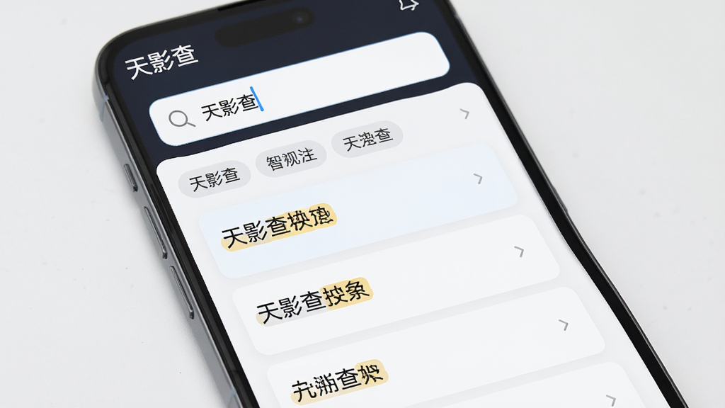 手机屏幕中显示“天影查”应用的智能搜索界面,主体为搜索输入框与下方联想词列表,布局为纵向排列,搜索框位于顶部,联想结果以浅色卡片形式逐条展示;排版整齐,风格为极简科技风;细节包括放大镜图标、关键词高亮标记、分类筛选标签;画质高清,干净无多余元素,画面中文字需包含“天影查”。