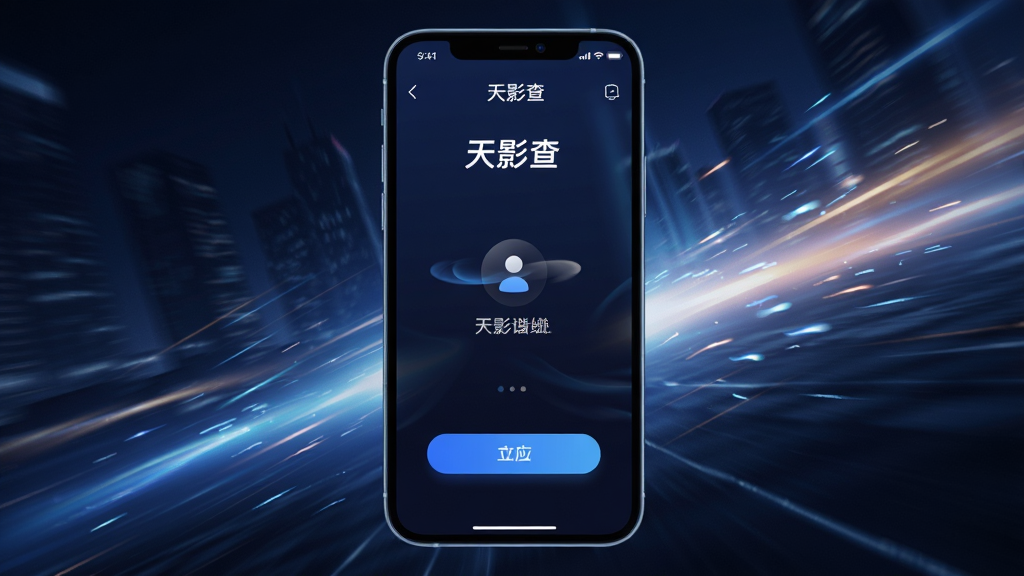 展示“天影查”应用在手机上流畅运行的场景,主体为手机屏幕显示应用主界面与加载动画,布局为居中展示,周围有速度线条与光效点缀;排版简洁,风格为动感科技风;细节包括流畅的过渡动画、轻量化的界面元素、响应式按钮;画质高清,干净无多余元素,画面中需包含“天影查”文字。