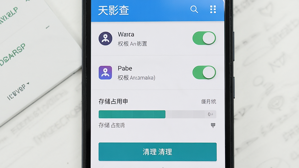 一部安卓手机展示“天影查”应用设置页面中的权限管理与缓存清理界面,主体为手机屏幕显示权限开关列表与清理按钮,布局为纵向列表,风格为清爽工具风;细节包括权限图标、开关状态、存储占用条形图、清理按钮;画质高清,干净无多余元素,画面中需包含“天影查”文字。