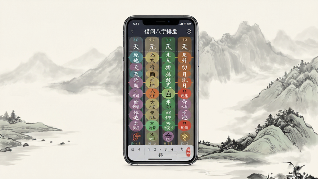 借问八字排盘软件主界面展示,画面中央放置一部智能手机,手机屏幕显示八字排盘结果页面,包含天干地支四柱信息与五行颜色标识,背景为淡雅中国风水墨风格,主体突出手机与软件界面,布局居中对称,排版简洁清晰,风格现代与传统融合,细节上屏幕内文字清晰可见“借问八字排盘”字样,画质高清,干净,无多余元素