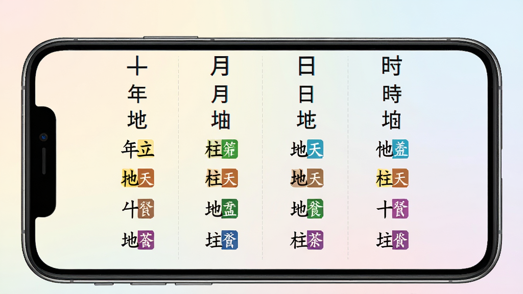 借问八字排盘四柱排盘详情页展示,画面以手机屏幕为主体,屏幕内显示年柱月柱日柱时柱四列信息,每列包含天干地支与五行颜色标注,背景为柔和浅色渐变,主体清晰,布局整齐,排版有序,风格简约商务,细节上五行颜色区分明显,画质高清,干净,无多余元素
