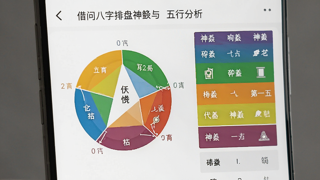 借问八字排盘神煞与五行分析页面,画面中央为手机屏幕,屏幕内显示五行分布饼状图与神煞列表,颜色区分五行,背景为素雅白色,主体突出数据图表,布局上下结构,排版清晰,风格素雅极简,细节上饼图色彩分明,神煞文字可辨,画质高清,干净,无多余元素