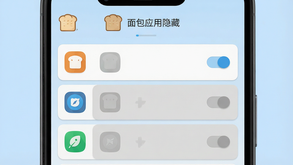 一部安卓手机屏幕特写,屏幕中央显示“面包应用隐藏”的应用管理界面,界面采用卡片式布局,左侧为应用图标列表,右侧为开关按钮,其中三个应用显示为已隐藏状态,图标呈灰色半透明。界面顶部有面包形状的Logo和文字“面包应用隐藏”。背景为柔和的浅蓝色,画面风格简洁现代,排版工整,细节清晰,画质干净,无多余元素,适合作为功能介绍配图。
