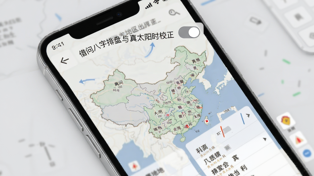 借问八字排盘出生地区选择与真太阳时校正界面,画面展示手机屏幕内中国地图与地区列表,屏幕上方显示真太阳时校正开关,背景为浅灰色,主体为手机与地图元素,布局合理,排版简洁,风格浅灰质感,细节上地区名称清晰,画质高清,干净,无多余元素
