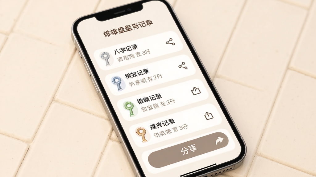 借问八字排盘排盘记录与分享功能展示,画面为手机屏幕内记录列表与分享按钮,背景为柔和米色,主体为手机界面,布局纵向列表,排版整齐,风格柔和圆角,细节上记录条目与分享图标清晰,画质高清,干净,无多余元素