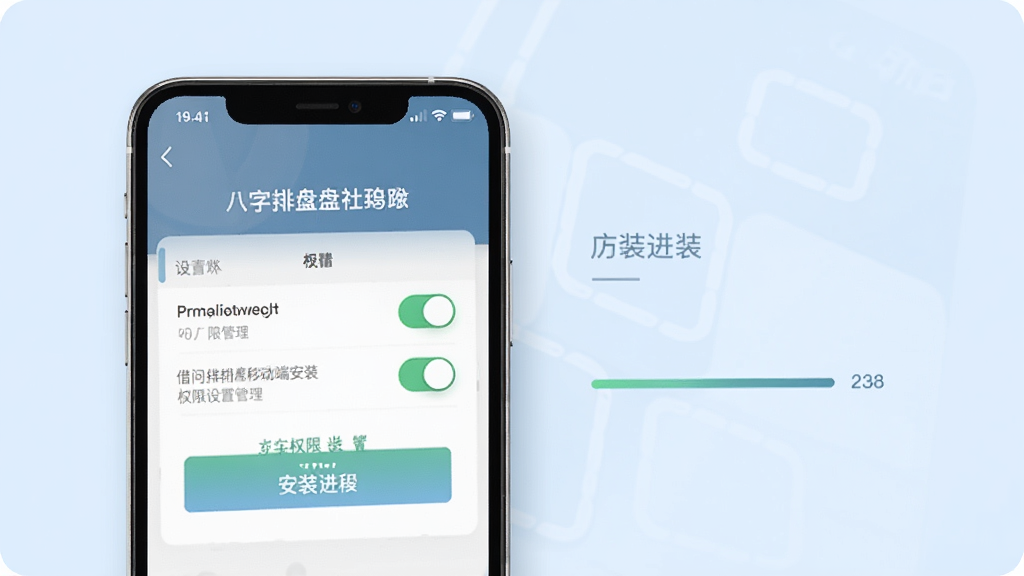 借问八字排盘移动端安装与权限设置示意图,画面展示手机屏幕内权限管理页面与安装进度条,背景为浅蓝色,主体为手机与设置选项,布局清晰,排版直观,风格清爽素雅,细节上权限开关与安装按钮明确,画质高清,干净,无多余元素