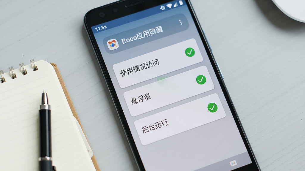 一部安卓手机屏幕显示“面包应用隐藏”的权限设置向导页面,页面中有三个权限卡片分别标注“使用情况访问”“悬浮窗”“后台运行”,每个卡片旁边有绿色勾选标记。手机旁边放着一本小笔记本和一支笔,背景为浅灰色桌面。画面风格清新实用,排版清晰,细节丰富,画质干净,无多余元素,适合作为教程配图。