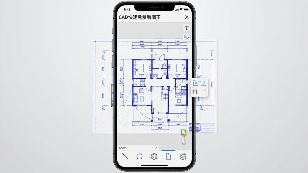 主体是一个智能手机屏幕,屏幕中显示CAD快速免费看图王的软件界面,界面中央展示一张蓝色线条的建筑施工平面图,图纸上有尺寸标注和测量工具浮窗,手机下方有简单的工具栏图标,布局居中,背景为干净的浅灰色渐变,风格为写实科技风,细节包含清晰的线条、简洁的按钮和图纸网格,画质高清,干净无多余元素