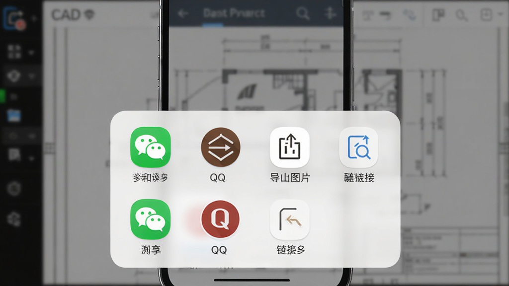 主体是手机屏幕显示CAD快速免费看图王的分享菜单,弹出选项包括微信、QQ、导出图片、复制链接等图标,背景是模糊的图纸预览界面,布局为底部弹窗式,排版简洁,风格为移动端UI风格,细节包含圆角图标和半透明遮罩,画质高清,干净无多余元素