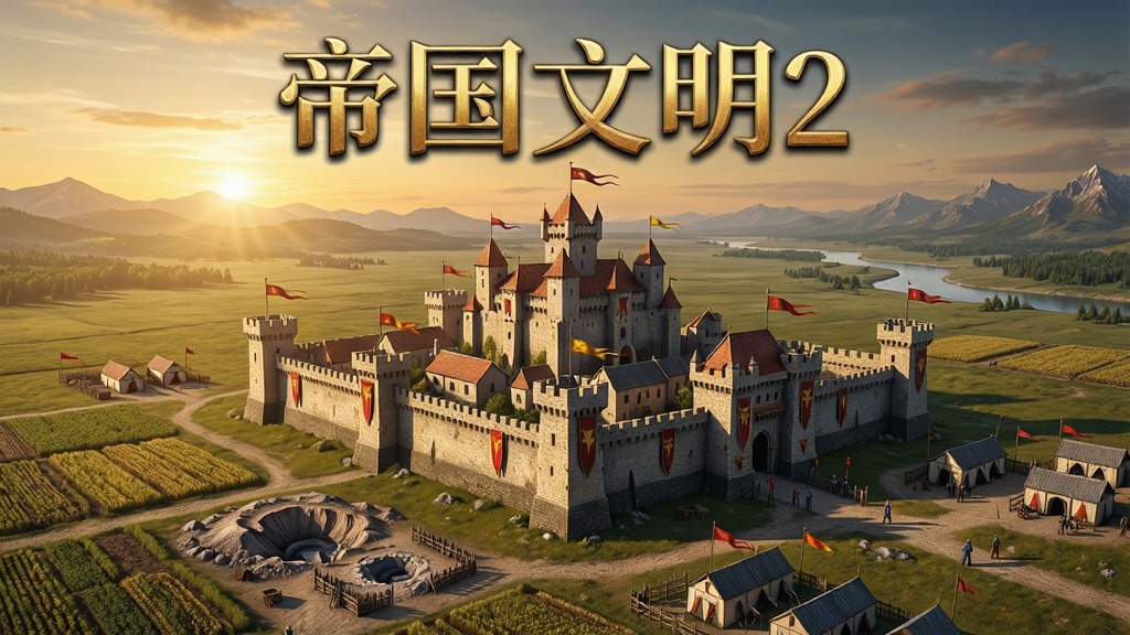 一座宏伟的中世纪帝国城堡矗立在辽阔的平原上,城墙高耸、旗帜飘扬,城外有农田、矿场与兵营,远处是连绵的山脉与河流,天空呈现黄昏金色光芒,画面中央上方用金色大字写着“帝国文明2”,整体风格为写实策略游戏宣传画,构图开阔大气,细节丰富,画质高清,干净无多余元素