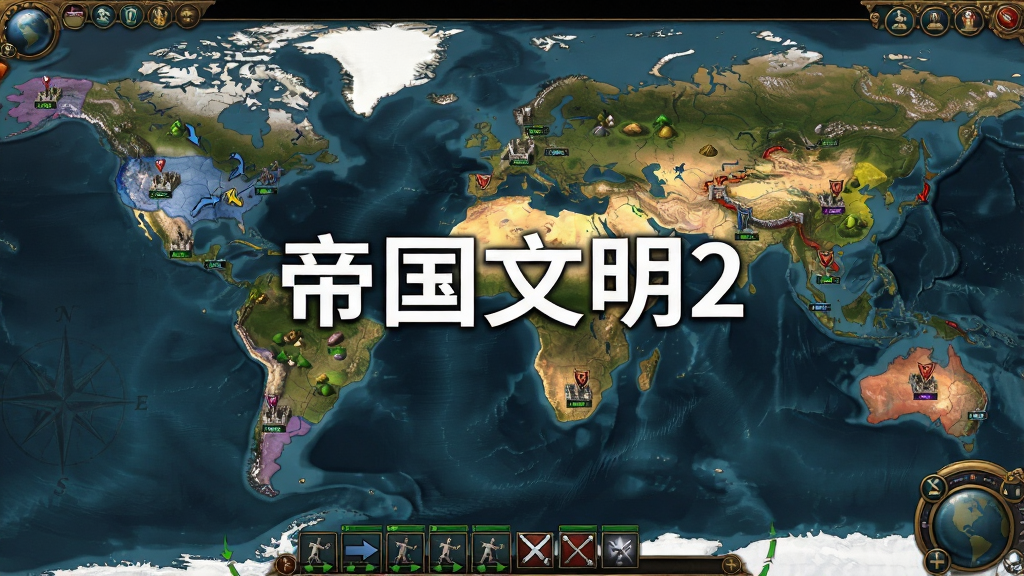 一张全球同服策略游戏界面截图风格插图,画面中是一张巨大的世界地图,地图上分布着不同玩家的城堡、资源点和联盟领地,用不同颜色标注势力范围,界面底部有军队行进的箭头和战斗图标,地图中央用白色粗体字写着“帝国文明2”,风格为写实UI界面,布局清晰,排版整洁,细节丰富,画质高清,干净无多余元素