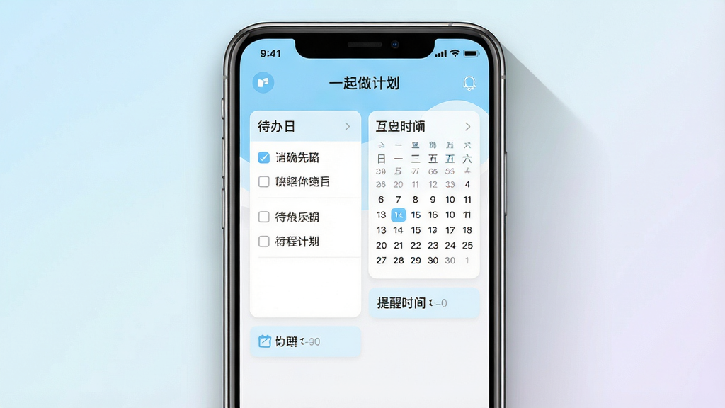 一张手机屏幕展示日程计划管理应用的界面截图,画面中央是一部竖向放置的智能手机,手机屏幕内显示“一起做计划”软件的主界面,包含待办清单、日历视图和提醒时间标签,界面采用浅蓝色与白色搭配的清爽风格,手机周围有淡淡的阴影和柔和的渐变背景,整体布局简洁居中,画质清晰,干净无多余元素