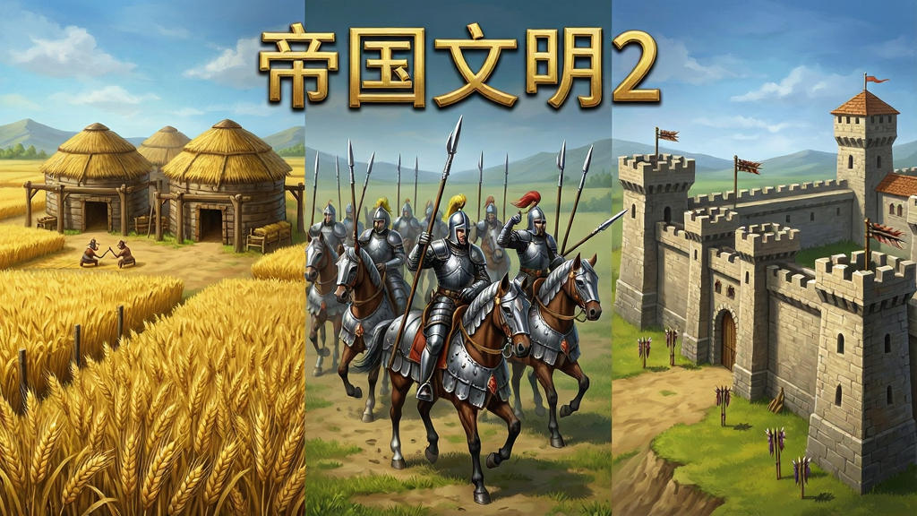 一幅展示多个文明特色的策略游戏插画,画面左侧是农耕文明的金色麦田与粮仓,中间是骑兵文明的铁甲战马与长枪骑士,右侧是防御文明的厚重城墙与箭塔,三种风格并排展示,上方用金色字体写着“帝国文明2”,风格为写实游戏原画,构图对称,细节精致,画质高清,干净无多余元素
