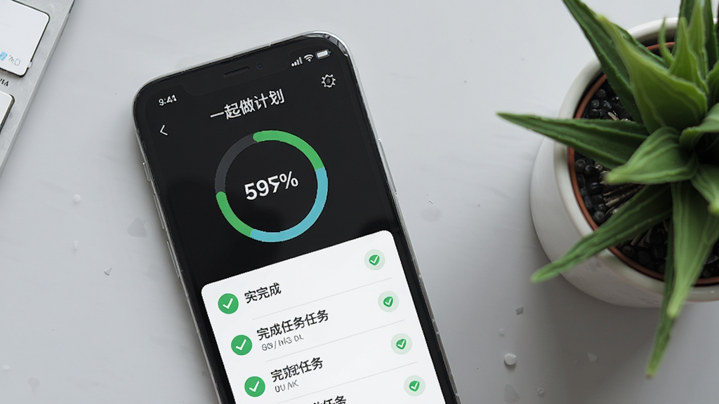 一张展示“一起做计划”软件进度统计页面的手机截图,屏幕内显示圆环进度条和已完成任务列表,旁边配有绿色对勾图标,手机放置在浅灰色桌面上,画面右侧有简约的植物装饰,整体风格清新自然,画质细腻