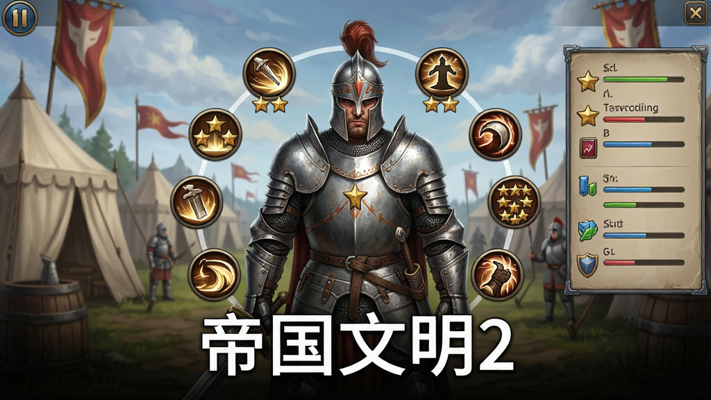 一张策略手游英雄养成界面风格插图,画面中央是一位身穿中世纪铠甲的英雄角色,周围环绕着技能图标、星级标识和属性面板,背景是军营与战旗,画面下方用白色字体写着“帝国文明2”,风格为写实游戏UI,布局清晰,排版规整,细节丰富,画质高清,干净无多余元素