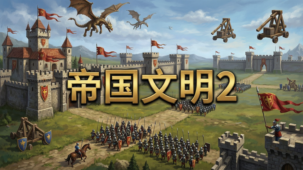 一幅联盟团战策略游戏场景插画,画面中多座城堡由道路连接,联盟旗帜统一飘扬,军队正在集结向同一目标进发,天空中有飞龙与投石车,画面中央用金色大字写着“帝国文明2”,风格为写实战争策略宣传画,构图宏大,细节丰富,画质高清,干净无多余元素