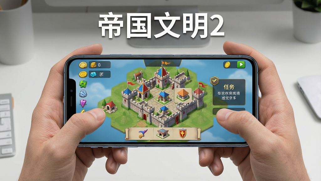 一张手机策略游戏新手引导界面风格插图,画面中是一位玩家手持手机正在操作城堡建设界面,屏幕上有资源图标、建筑队列和任务提示,背景是简洁的桌面环境,手机屏幕上方用白色字体写着“帝国文明2”,风格为写实产品展示图,构图居中,细节清晰,画质高清,干净无多余元素