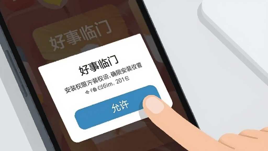 画面展示一部手机屏幕出现“好事临门”的安装权限提示弹窗,旁边有一只手正准备点击“允许”按钮,背景为简洁的浅灰色桌面,风格为扁平插画,细节上弹窗文字清晰可辨,画质清晰,干净,无多余元素