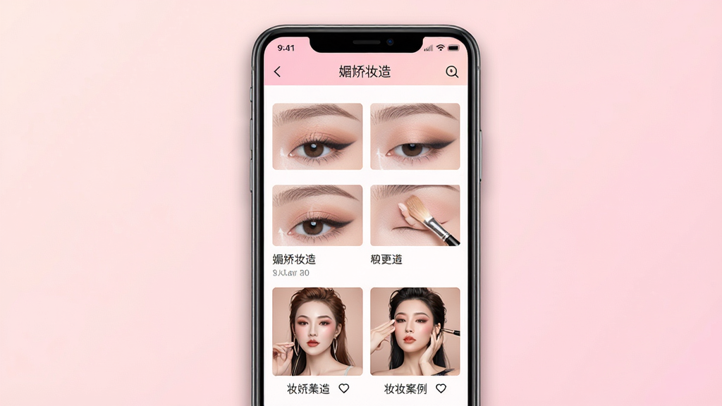 一张展示手机屏幕上美妆造型应用界面的图片,主体是一部竖屏安卓手机,屏幕上显示着“媚娇妆造”的妆容教程页面,包含眼妆步骤图和造型案例缩略图,布局为手机居中、背景为浅粉色渐变,风格清新柔和,细节上手机边缘有轻微阴影、屏幕内文字清晰可见,画质高清干净无多余元素