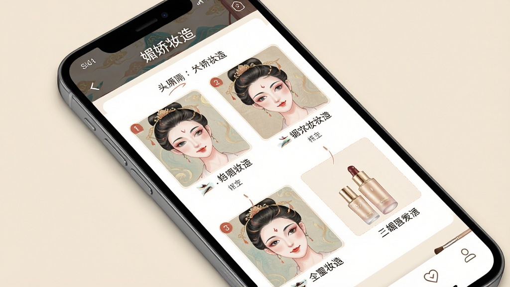 一张展示美妆教程应用内页的图片,主体为手机屏幕特写,屏幕上显示“媚娇妆造”的国风妆容教程,包含步骤分解图和产品标注,布局为手机斜放、背景为淡雅米色,风格唯美精致,细节上步骤图清晰、文字标注可辨,画质高清干净无多余元素