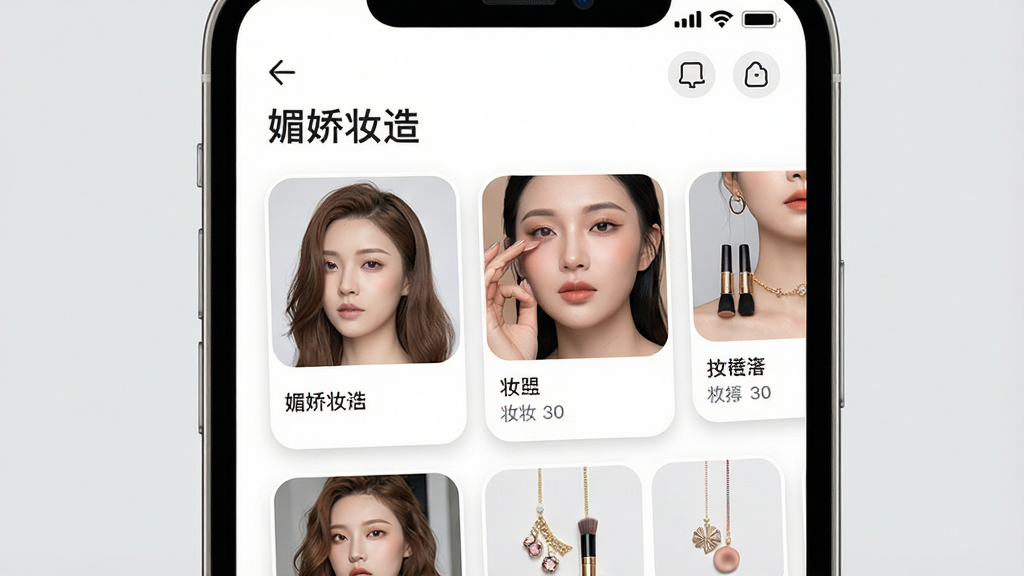 一张展示美妆应用智能推荐功能的图片,主体为手机屏幕上的造型推荐卡片列表,屏幕上显示“媚娇妆造”推荐页,包含发型、妆容、配饰组合卡片,布局为手机正面展示、背景为浅灰色,风格简约现代,细节上卡片圆角设计、缩略图清晰,画质高清干净无多余元素