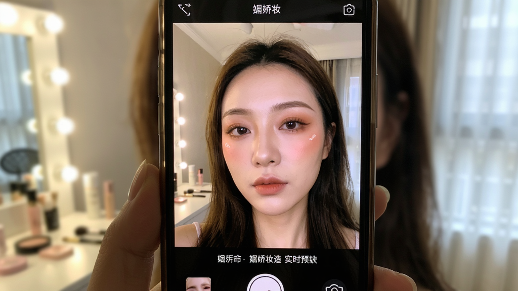 一张展示手机拍照预览妆效的图片,主体为手机屏幕显示自拍画面并叠加妆容效果,屏幕上显示“媚娇妆造”实时预览界面,布局为手机竖屏居中、背景为柔光室内,风格自然真实,细节上妆容叠加自然、界面按钮清晰,画质高清干净无多余元素