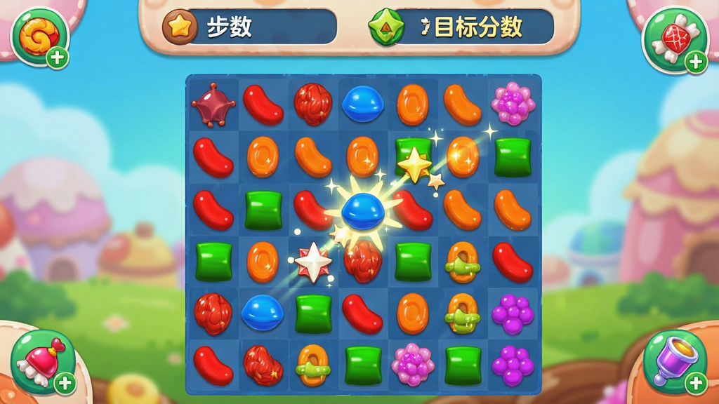 主体是一张游戏关卡界面截图风格插画,布局为上方显示步数和目标分数,中央是色彩缤纷的糖果棋盘,排版采用手机竖屏比例,风格为卡通休闲游戏UI,细节包括不同颜色和形状的糖果棋子、闪烁的连击特效、角落的道具图标,画质清晰干净,画面中带有“糖果乐园”文字,无多余元素。