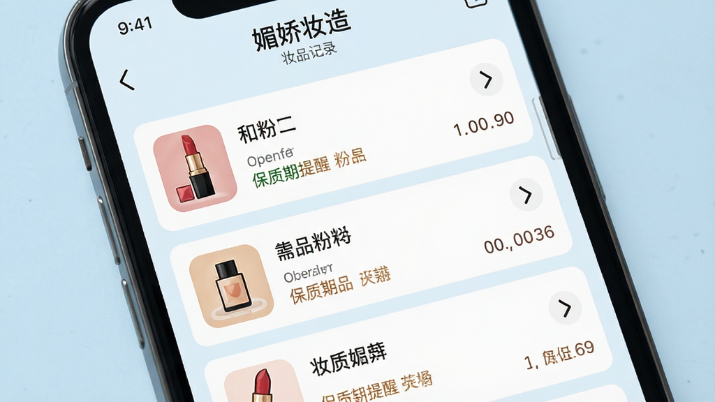 一张展示美妆应用妆品管理界面的图片,主体为手机屏幕上的妆品列表,屏幕上显示“媚娇妆造”妆品记录页面,包含口红、粉底等条目及保质期提醒,布局为手机正面、背景为浅蓝色,风格整洁有序,细节上图标清晰、文字可读,画质高清干净无多余元素