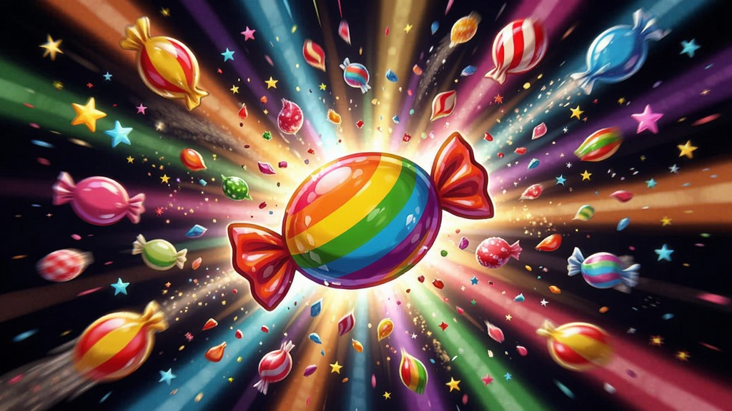 主体是一个动态的糖果爆炸特效场景,布局为画面中央一颗彩虹糖果正在爆炸,向四周射出彩色光束和糖果碎片,排版以放射状构图突出爆发感,风格为高饱和度的卡通特效,细节包括光晕、星星粒子、糖果碎片飞溅轨迹,画质为高清渲染,画面干净无杂乱元素。