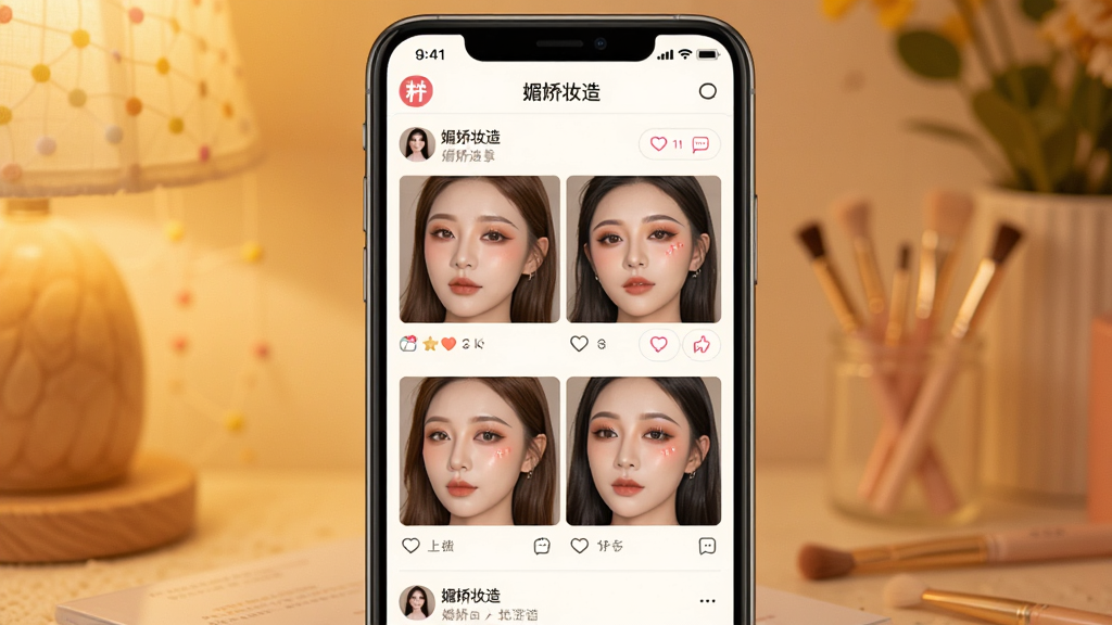 一张展示美妆社区交流界面的图片,主体为手机屏幕上的社区动态流,屏幕上显示“媚娇妆造”社区页面,包含用户妆造作品图和互动按钮,布局为手机居中、背景为暖色调,风格温馨活泼,细节上图片排列整齐、点赞评论图标可见,画质高清干净无多余元素