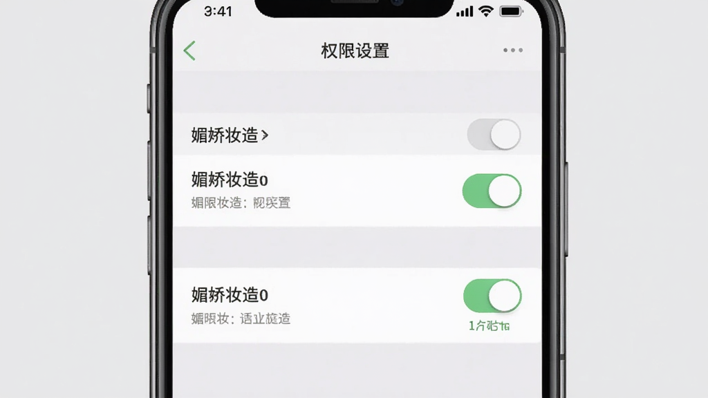 一张展示手机应用设置界面的图片,主体为手机屏幕上的权限管理页面,屏幕上显示“媚娇妆造”的权限设置选项,布局为手机竖屏居中、背景为浅灰色,风格简洁明了,细节上开关按钮清晰、文字说明完整,画质高清干净无多余元素