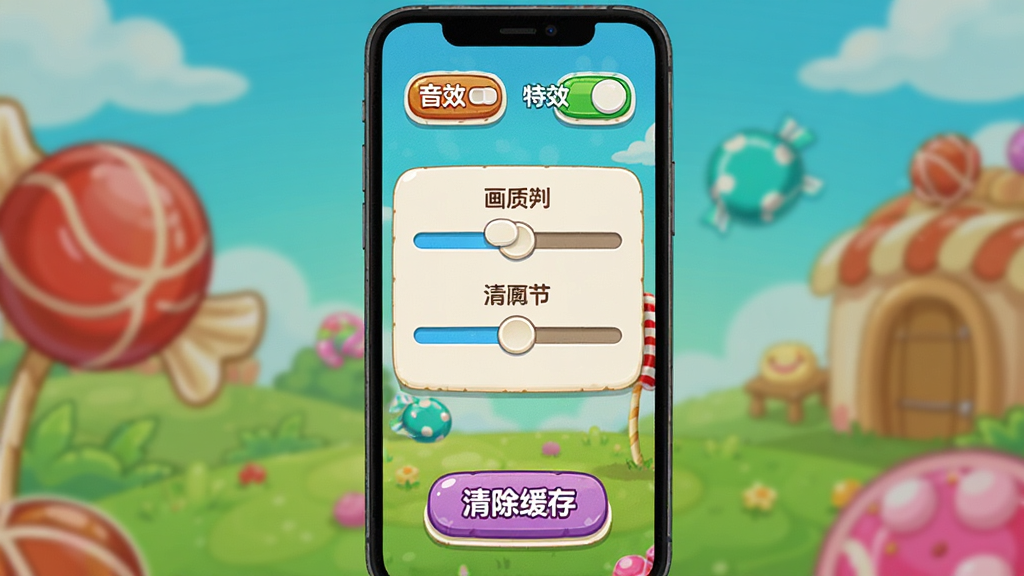 主体是一个手机屏幕显示糖果乐园游戏设置界面,布局为顶部有音效和特效开关,中部有画质调节选项,底部有清除缓存按钮,排版为手机竖屏UI设计,风格为简洁卡通风格,细节包括滑动条、开关按钮、文字标签,画质清晰,画面中带有“糖果乐园”文字,无多余元素。