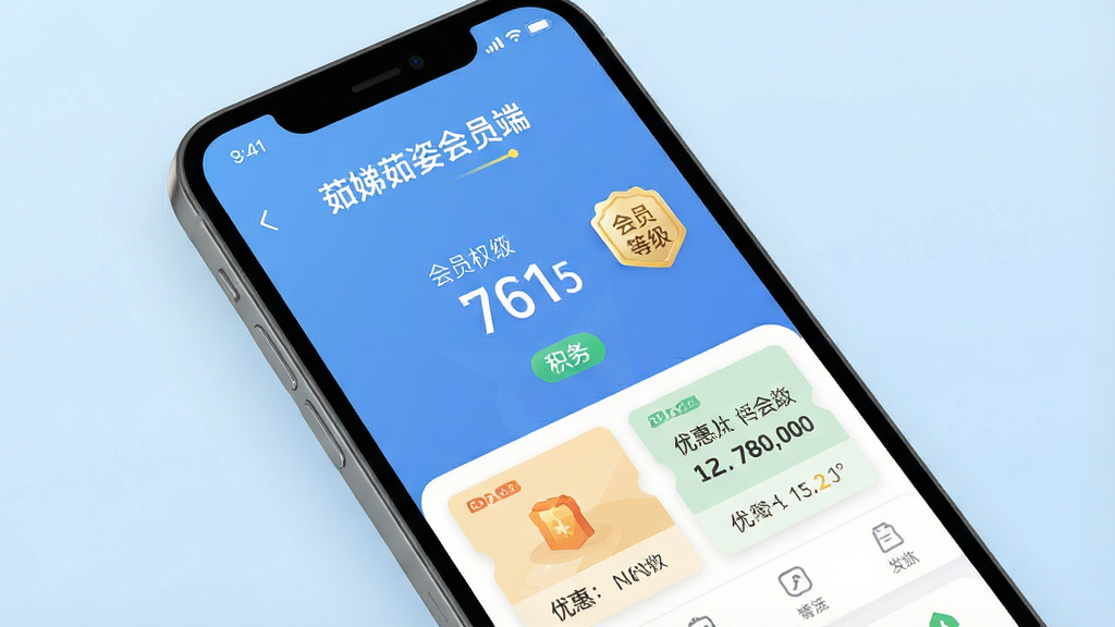 一张展示手机应用界面的图片,画面中央是“茹娣茹姿会员端”的会员权益管理页面,屏幕上清晰显示着积分数字、会员等级徽章和优惠券卡片。手机以略微倾斜的角度展示,背景为柔和的渐变浅蓝色,布局简洁明了。风格为扁平化UI设计展示,细节上强调界面元素的清晰度和色彩搭配的和谐感,画质高清,画面干净,无多余元素。