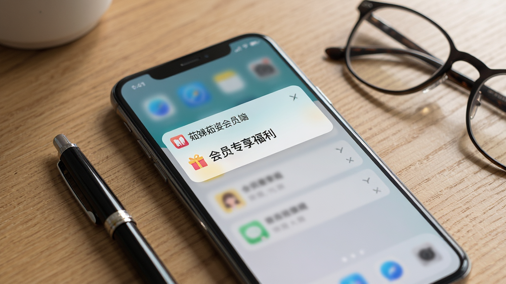 一张展示手机通知界面的图片,屏幕上方弹出“茹娣茹姿会员端”的专属活动推送通知,通知卡片上写着“会员专享福利”字样。手机放置在木质桌面上,旁边有一支笔和一副眼镜,光线柔和自然。风格为生活化场景摄影,细节上注重通知卡片的清晰度和真实感,画质高清,画面干净,无多余元素。
