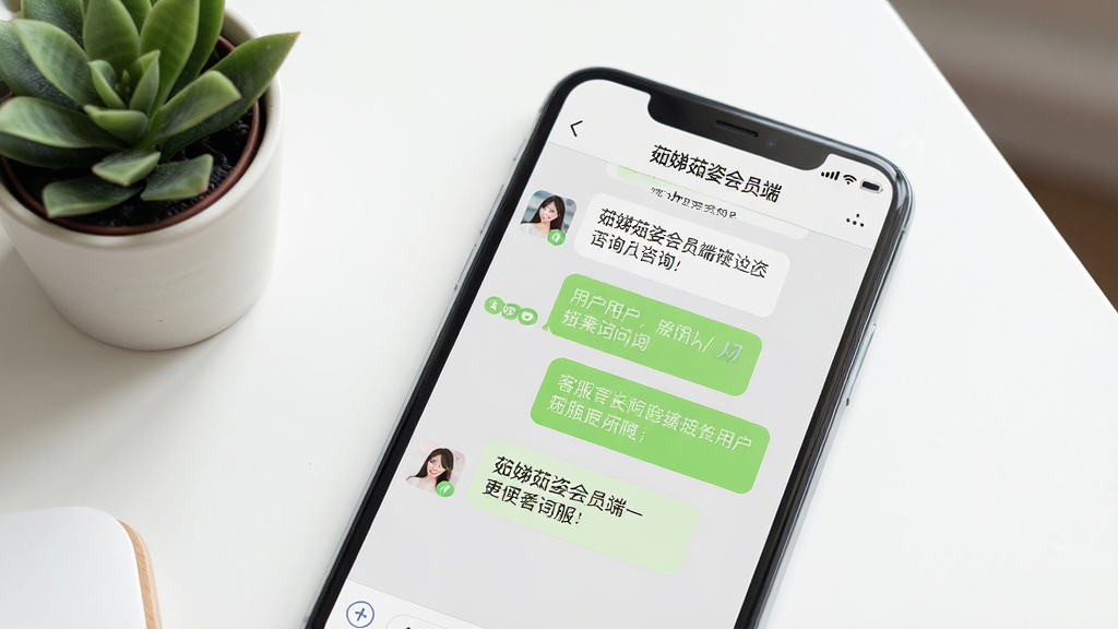 一张展示手机聊天界面的图片,屏幕上显示着“茹娣茹姿会员端”的在线客服对话窗口,对话气泡中显示着用户咨询和客服回复的内容。手机放置在白色桌面上,旁边有一个小盆栽,布局为居中特写。风格为清新明快的UI展示,细节上强调对话界面的真实感和文字清晰度,画质高清,画面干净,无多余元素。